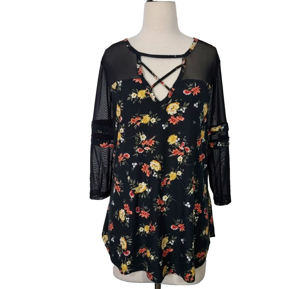 Ultra Flirt Tunic Top Comfy Soft Womens Plus 2X Black Floral Mesh Stretch Shirt
